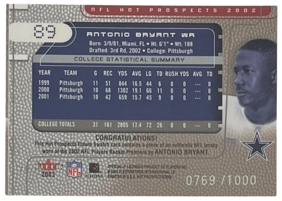 2002 Fleer Hot Prospects Future Swatch Jersey #89 Antonio Bryant RC /1000 - Image 2 of 2