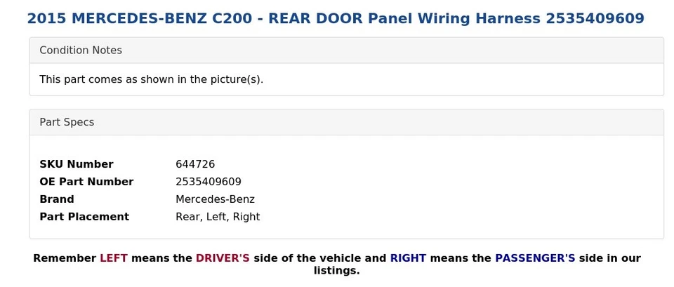 Mercedes-Benz C200 2015 - arnés de cableado de panel de puerta trasera 2535409609 Foto 3 de 4