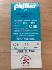 PHILLIES VS REDS BIG RED MACHINE. 6/20/76 STUB. ROSE 2,SCHMIDT 3, KAAT 2 HITS 