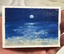 Tableau original ACEO miniature huile pastel : rivage clair de lune