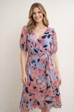 Adrianna Papell Print Clip Floral Chiffon Blue Dress Ruffles NWT 169 Gown Sz 8