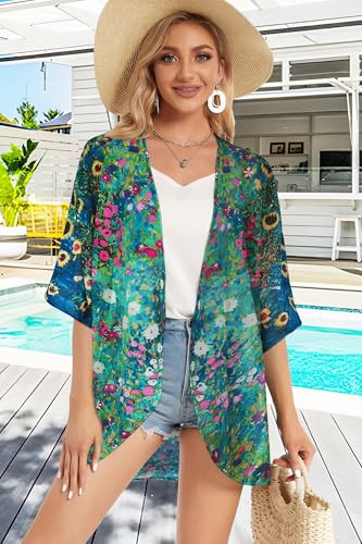 Women's Floral Print Puff Sleeve Kimono Cardigan Loose Cover Up Medium Green - Picture 6 of 7