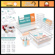 16 PCS Clear Drawer Organizer Set - 5 Sizes for Bathroom Kitchen Storage Trays