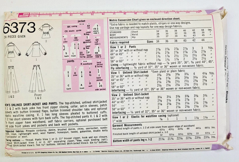Camisa-Chaqueta y Pantalones Pecho 42 De Colección Años 70 Simplicity Coser Patrón 6373 Para Hombre *LEER* Foto 2 de 4
