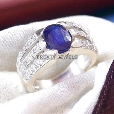 Blue Sapphire Oval Cut Gemstone With 925 Sterling Silver Ring For Men's #A250