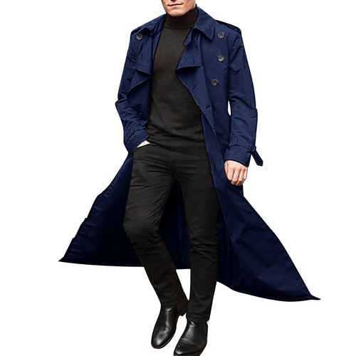 Men's Trench Coats Double Breasted Casual Windbreaker Lapel Long Jacket Overcoat - Picture 27 of 56