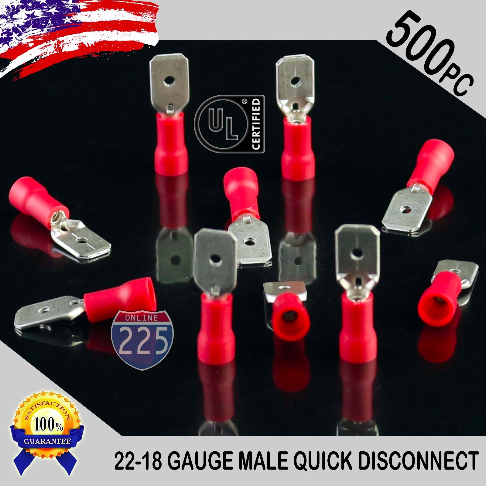 500 Pack 22-18 Gauge Male Quick Disconnect Red Vinyl Crimp Terminals .250