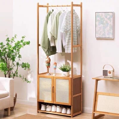 Large Bamboo Garment Rack Coat Storage Shelves Clothes Rail+ Pant Rack + Cabinet