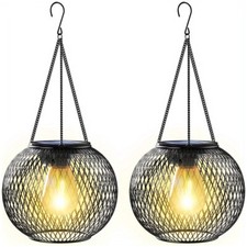 Solar Power LED Hanging Lantern Light Metal Garden Yard Decor Lamp Rechargeable