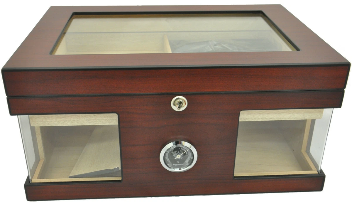 HUMIDOR HOLD 100 CIGARS GLAS LID HUMIDIFIER HYGROMETER CIGAR