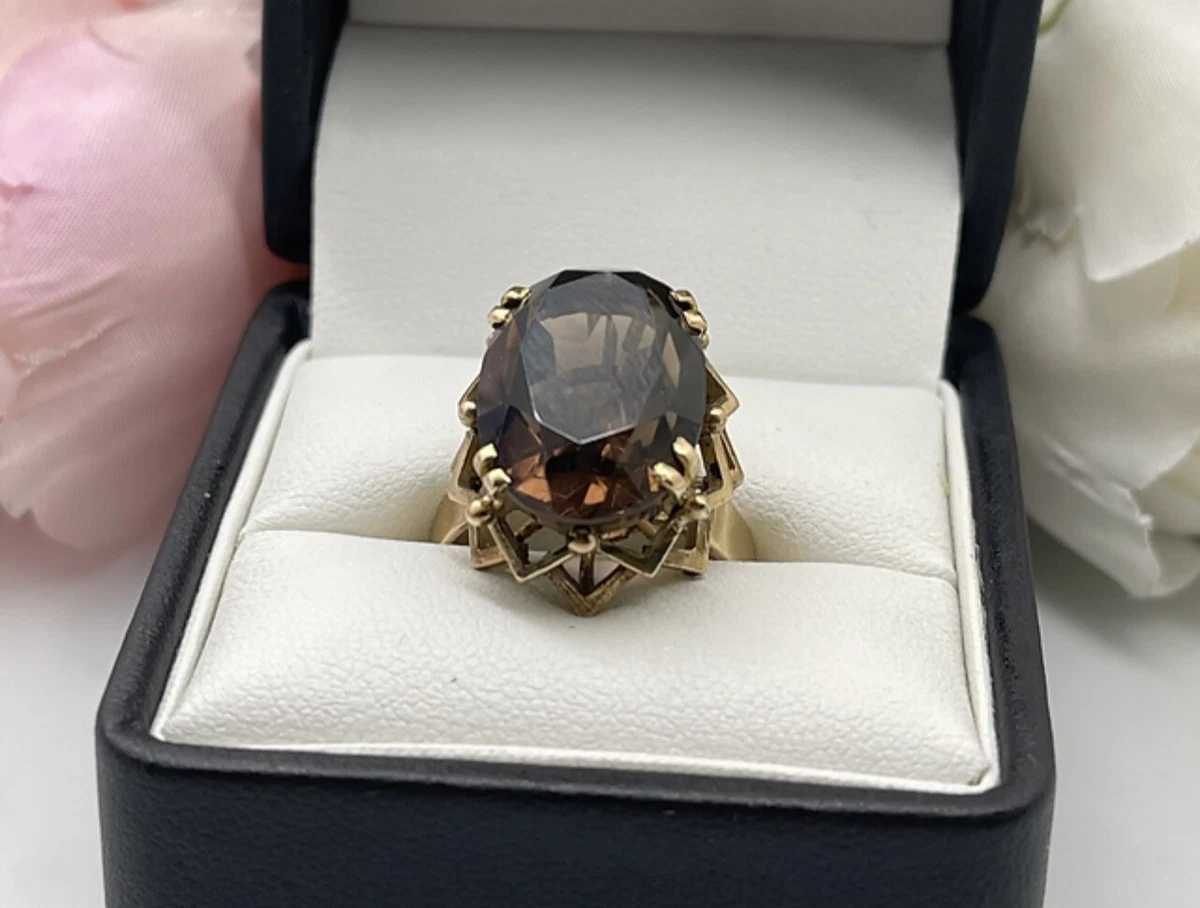 Vintage 18ct yellow gold large dark chocolate brown Smokey Quartz