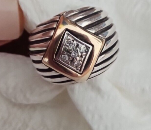 Flle Menagatti Italy Sterling Silver & 14k.Gold Diamond Ribbed Ring Size 6