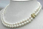 18" natural Double strands AAAA+ 7-8mm Akoya white pearl necklace 14K gold clasp