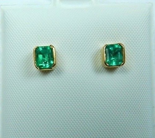 Colombian Emerald Stud Earrings 1.06 Cts 18K Yellow Gold Fine Jewelry Muzo Mine - Picture 7 of 12