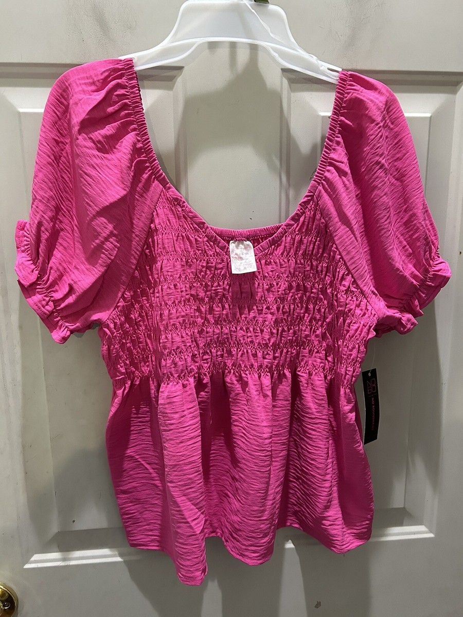 New!No Boundaries Fuchsia Smocked Woven Puffed Short Sleeve Top