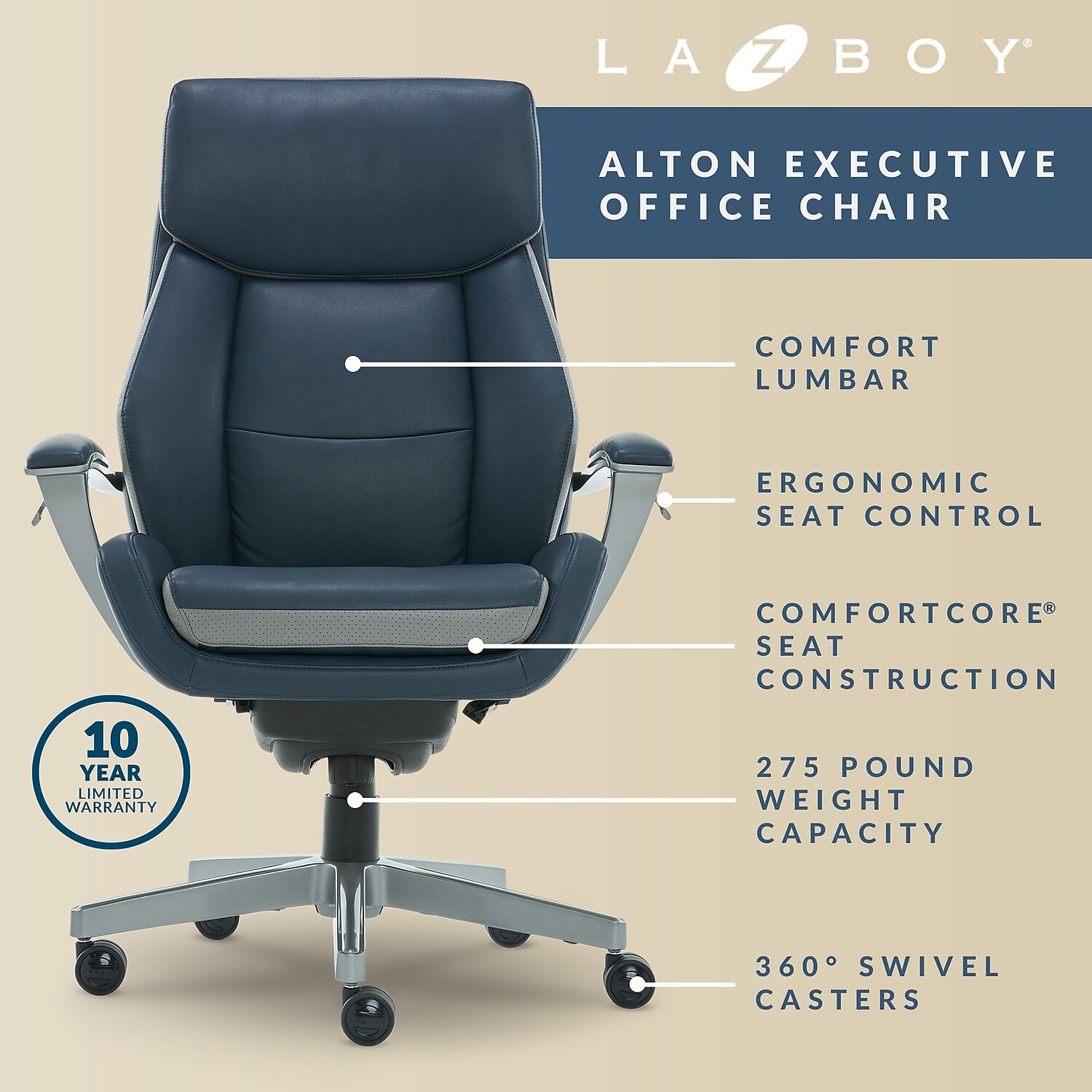 LaZBoy Alton Ergonomic Bonded Leather Swivel Executive Chair Blue