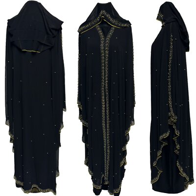 Black Women Stone Works Abaya Jalabiya Arab Long Dress
