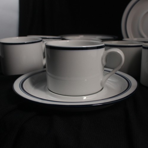 Set of 8 Dansk Bistro Cup and Saucer Set Christianshavn Blue Stripe Portugal - Picture 3 of 5