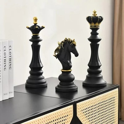 3PCS International Chess Pieces Sculpture Statue Indoor Decor King+Queen+Knight