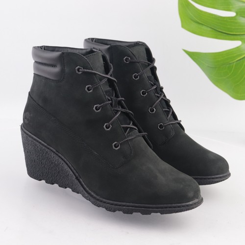 Timberland Women's Amston Boots Size 9 Wedge Heel Black Nubuck Lace Up Bootie - Picture 2 of 12