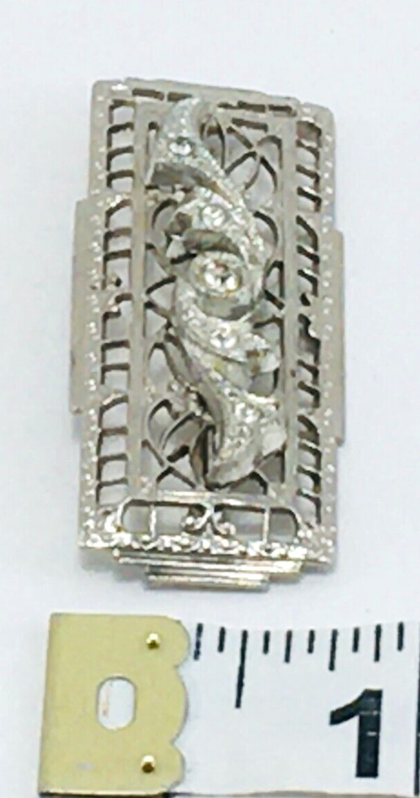 Brooch Rectangular Silver Tone Rhinestone and Fil… - image 8