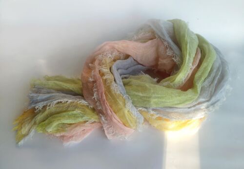 gauze flax designer 100% linen scarf frayed edges made of 4 panels multicolor - Picture 7 of 14