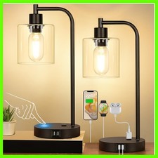 Set of 2 Industrial Touch Control Table Lamps with USB C A Ports and AC Outle...