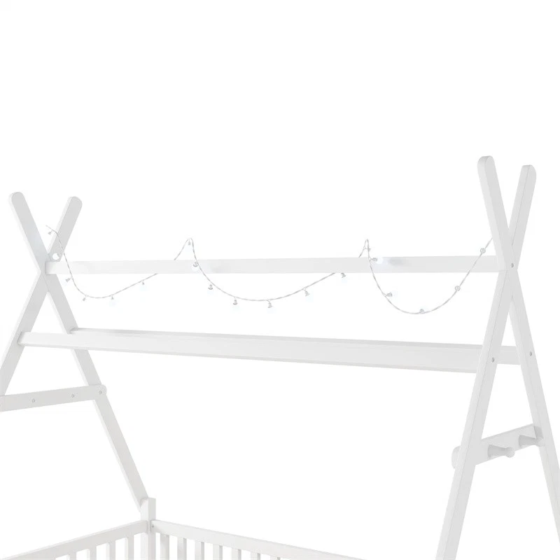 Cama de casa doble con luz, cama de casa de piso bajo con cerca y techo para niños niñas Foto 3 de 4