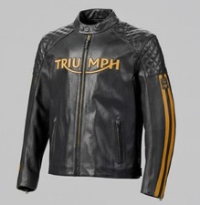 Giacca Motociclista Triumph Uomo Pelle Nera Trapuntata Stile Moto Racer Bordo Giallo