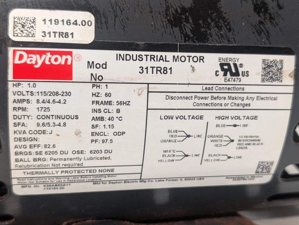 Motor industrial Dayton 31TR81, 1 HP, 1PH, 1725 RPM, cuadro 56 HZ, ODP, 115/208-230V Foto 3 de 4