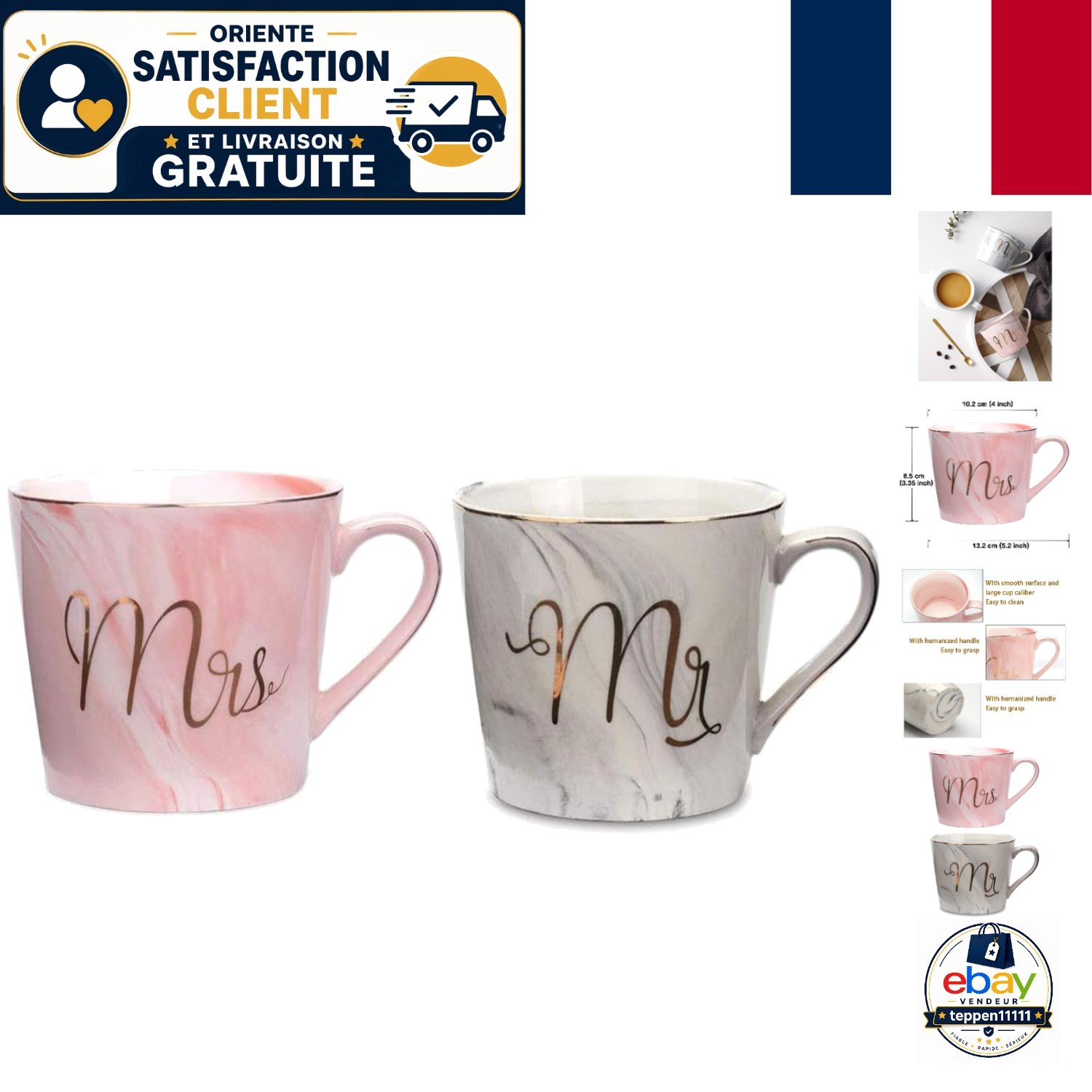 Tasses en Céramique Fine Mr & Mrs avec Finitions Soignées 400ml