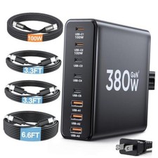 380W USB C Charger Block with 4 USB Cables Dual 100W Charging Station 5FT Black
