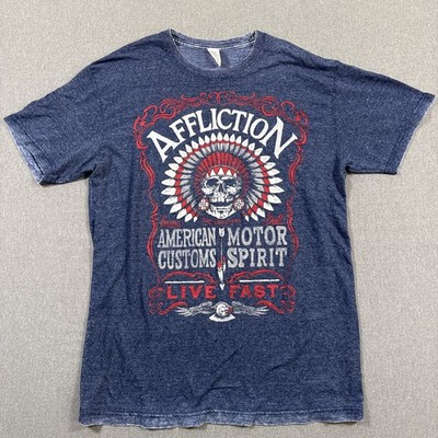 Affliction Live Fast - Indian Skull Graphic T Shirt Blue Size XL - Reversible