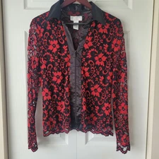 Victor Costa Black Floral Zip up Lace Blouse Christmas Evening Top USA Festive