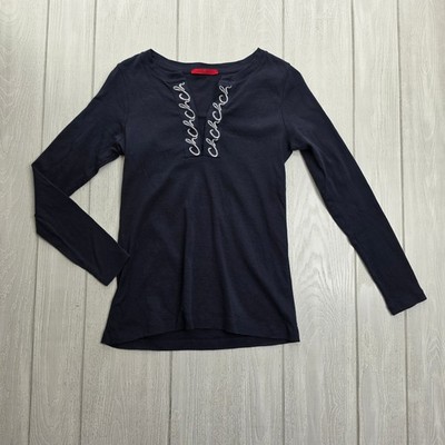 Carolina Herrera Navy Blue & White Logo Rope Embroidered Neckline Top Size Small
