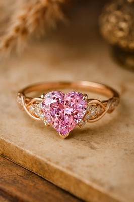 Pink Sapphire Heart Ring with Moissanite Accents Rose Gold Vintage Jewelry