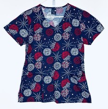 Zoe Chloe Women s S Small Scrub Top Nurse Fireworks Navy Blue Red White