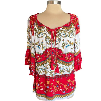 #ad #ad Bila Red Cream Floral Boho Top On or Off Shoulder Sz XL Cottage Peasant Gypsy $20.00
