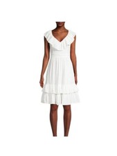 CALVIN KLEIN Womens White V-back Banded Waist Flutter Sleeve Dress 6