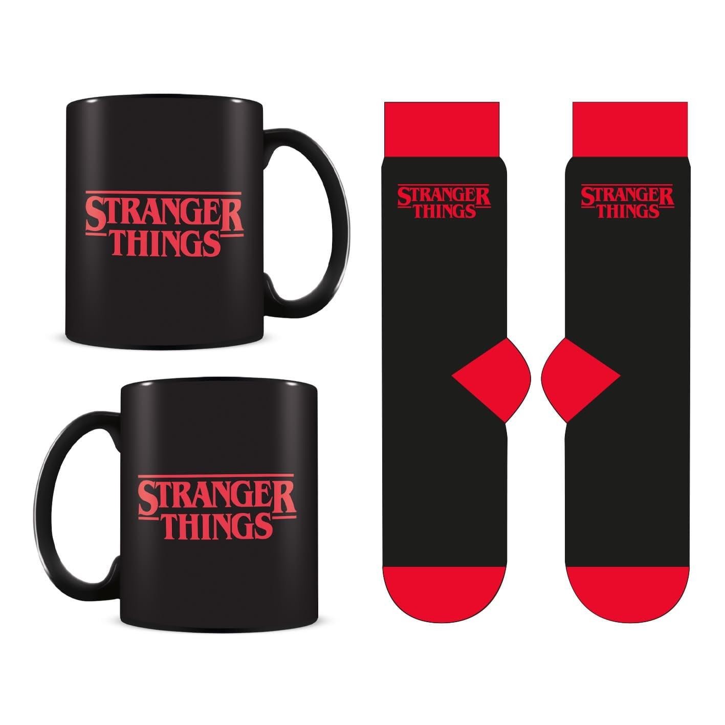 Juego de regalo taza y calcetín con logotipo de Stranger Things taza de café de cerámica negra