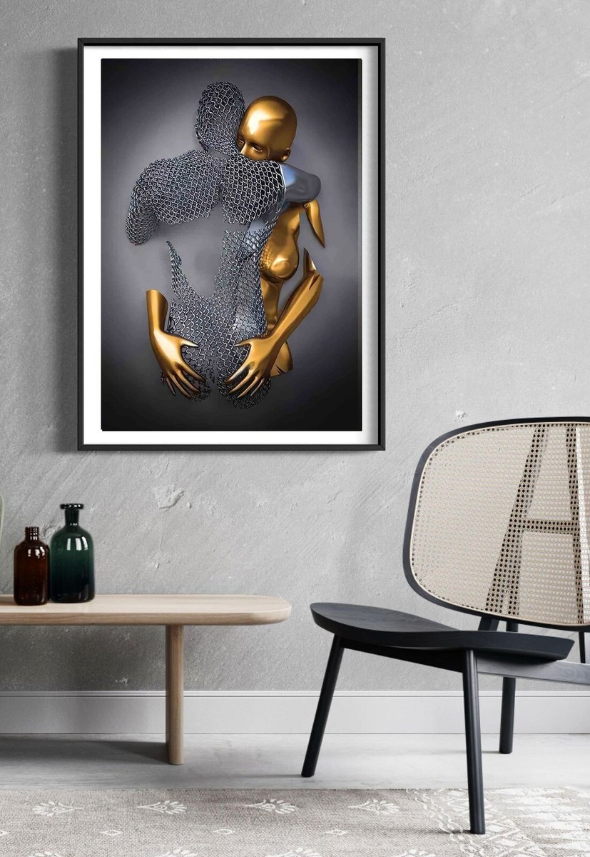 Tableau Métal 3 Pièces - Homme Enlaçant Femme, Art Déco, Prêt à Accrocher