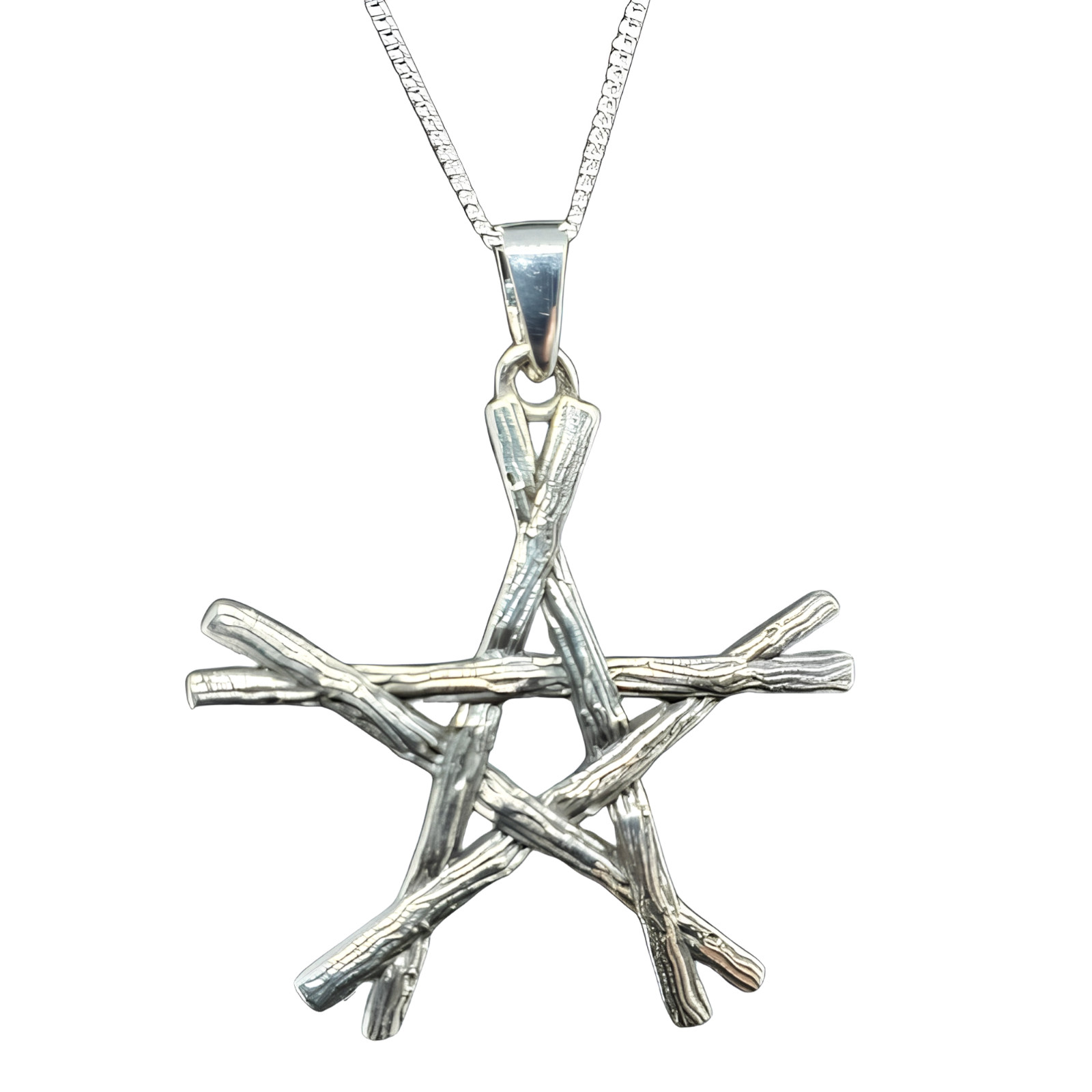 Pentacle Branches Pendant Wood Necklace 20"" 925 Sterling Silver Wiccan Witch