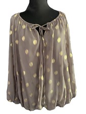 MADE IN ITALY DARK TAUPE WITH GOLD DOTS SILK BLOUSE SIZE M-L 118
