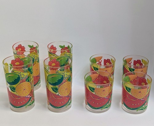 Juego De Colección De 8 Vasos Acrílicos - Motivo Fruta - 4 Vasos, 4 Rocas