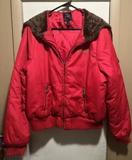 Beyonce House Of Dereon Red Puffer Fur Lined Zipper Hood Jacket Sz Xl