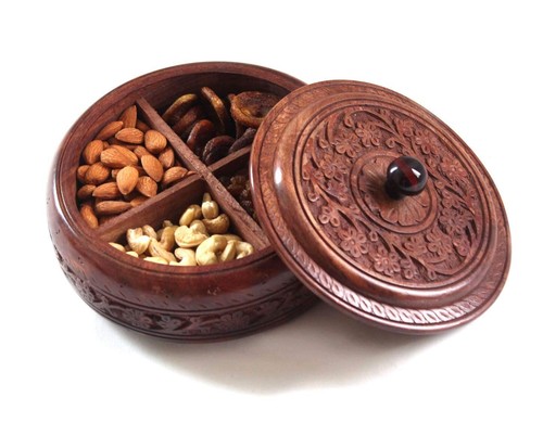 Wood Dry Fruit Box Wooden Big Size Spice Box, 4 Compartment Storage Box, Gift - Picture 2 of 6