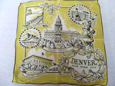 vtg hanky 13in Denver Mile High City Points of Interest hand rolled hem FLAW