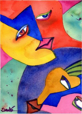 Man and Beast   SandraWatercolors    Signed Limited Edition Abstract Faces Print