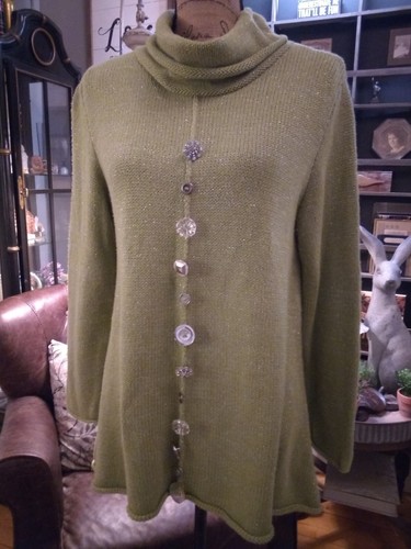 Women's "Peck&Peck" 100%Cotton Basil Cowl Neck Sparkly Buttons Shimmering Sz L - Picture 6 of 8