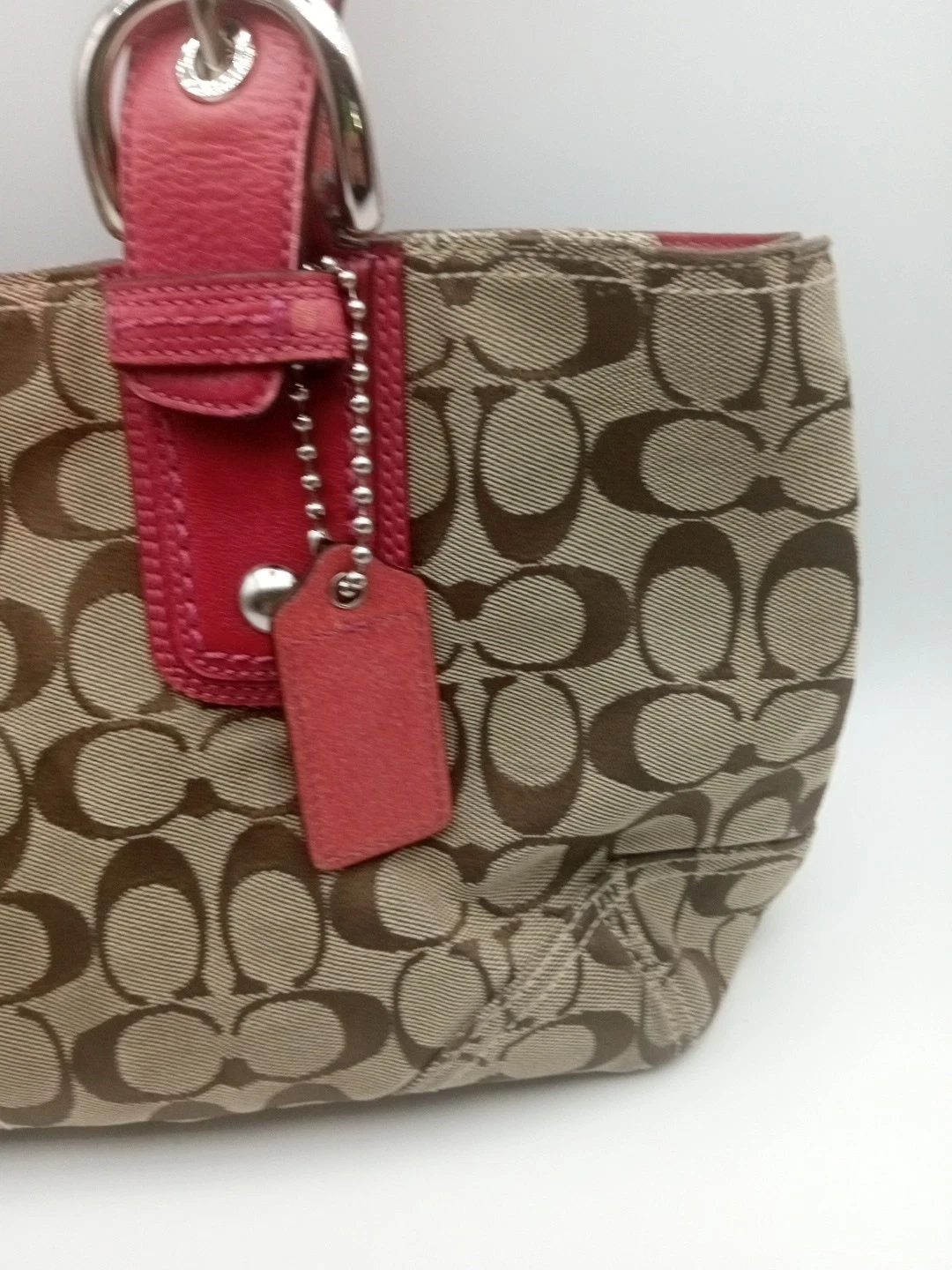 Borsa a tracolla Coach Signature marrone jacquard tela rosa intrecciata pelle tracolla